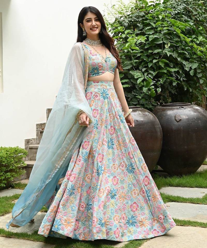 Pastel Blue Digital Floral Print Lehenga with Hook Beads Work