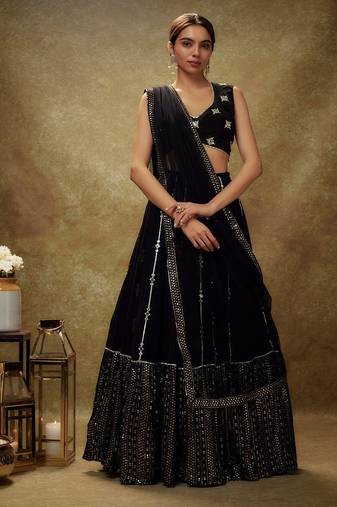 Royal Black Partywear Lehenga with Heavy Sequins Embroidery