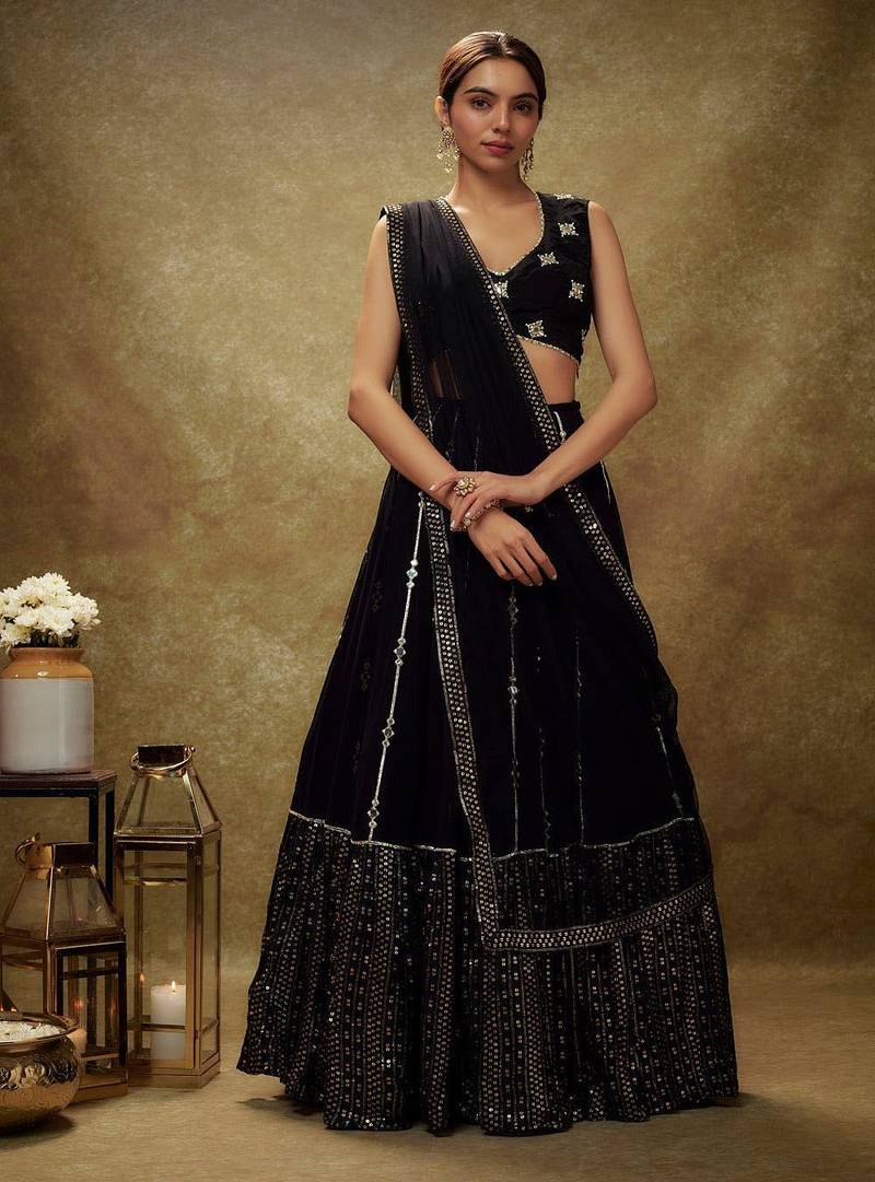Royal Black Partywear Lehenga with Heavy Sequins Embroidery
