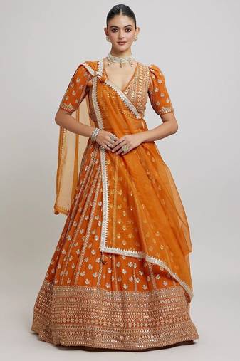 Bright Orange Partywear Lehenga with Zari Embroidery Design
