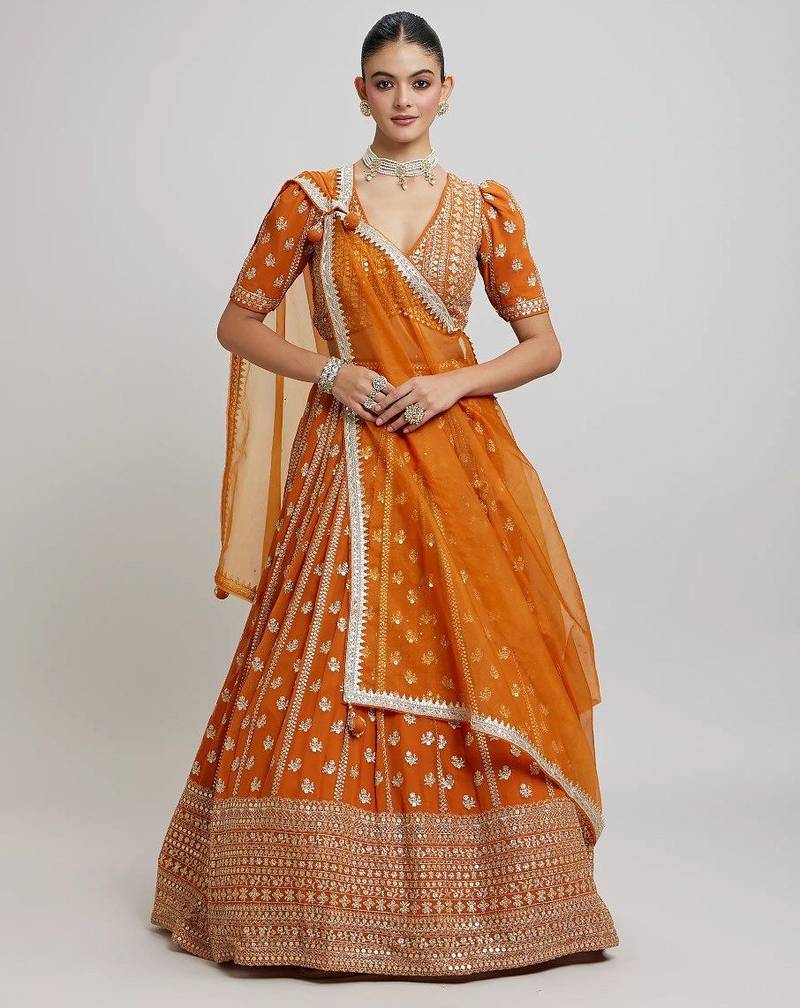 Bright Orange Partywear Lehenga with Zari Embroidery Design