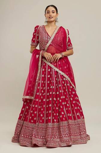 Bright PINK Partywear Lehenga with Zari Embroidery Design