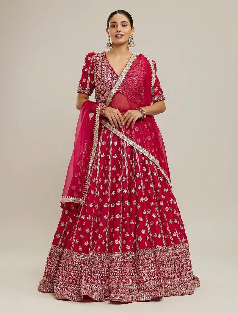 Bright PINK Partywear Lehenga with Zari Embroidery Design