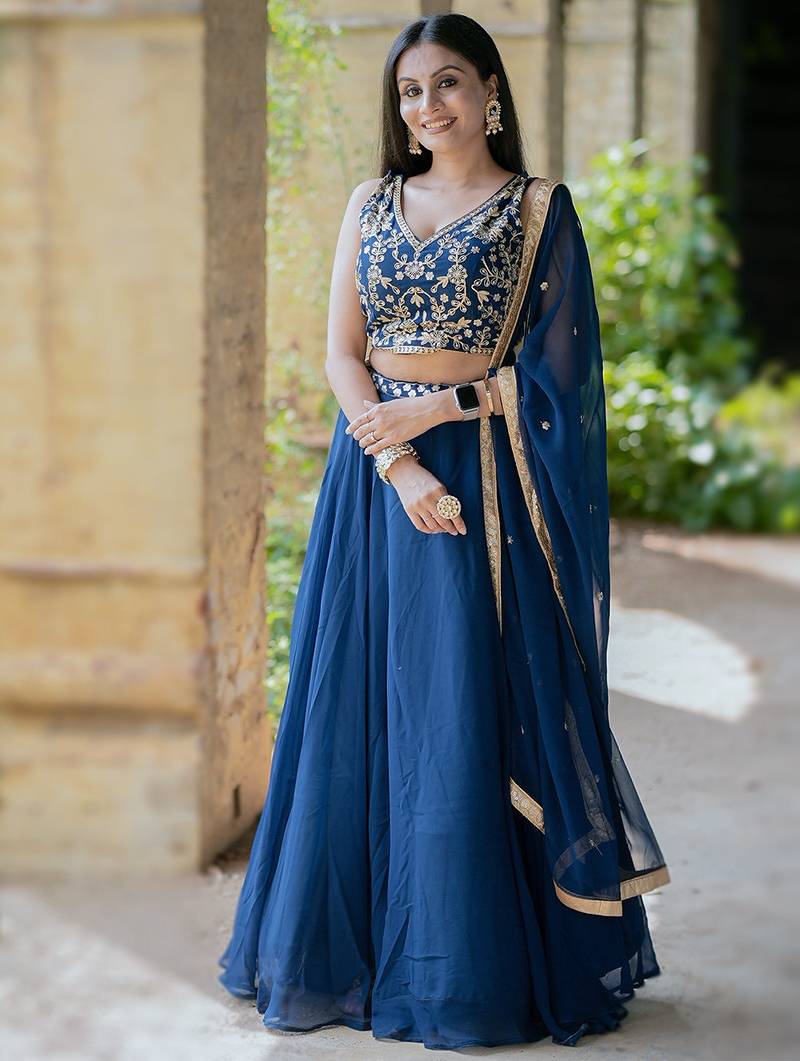 Graceful Navy Blue Partywear Lehenga with 8 Meter Flair