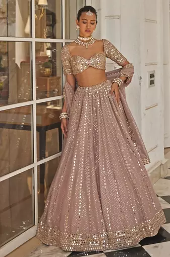 Pastel Lavender Semi Viscose Organza Lehenga with Mirror Embroidery