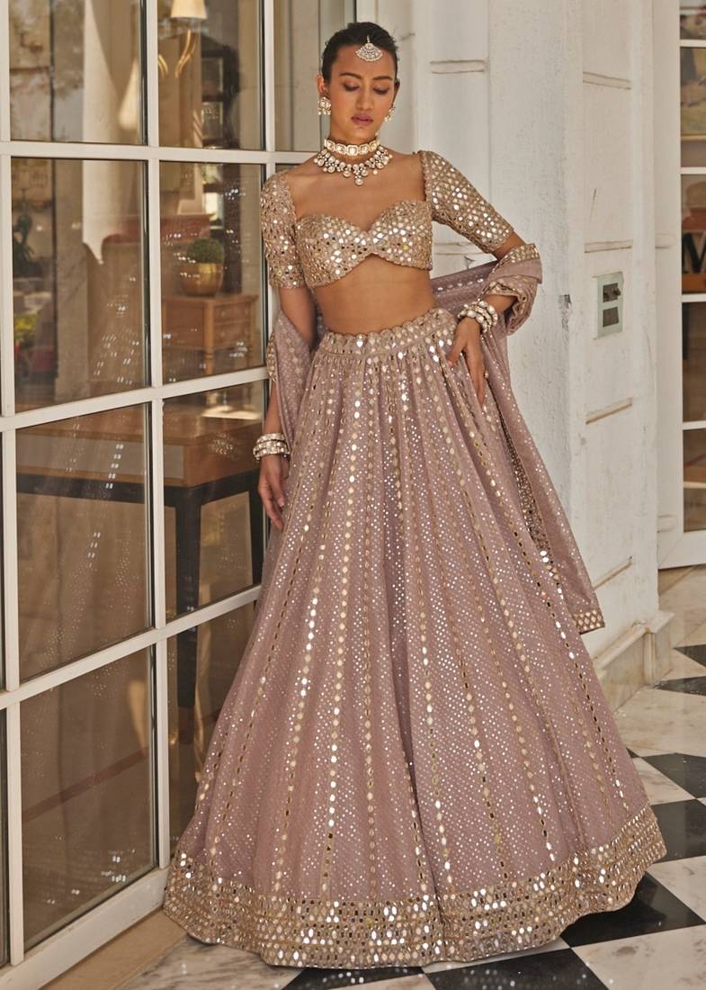 Pastel Lavender Semi Viscose Organza Lehenga with Mirror Embroidery