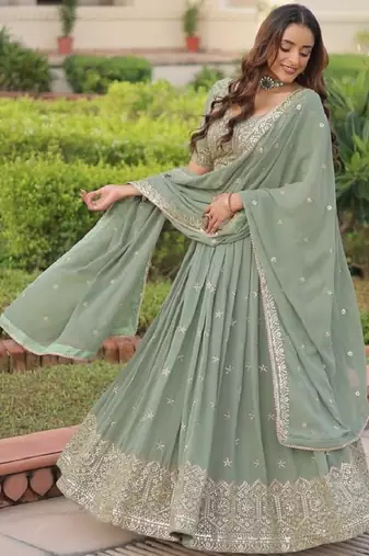 Elegant Misty Sea Green Faux Georgette Lehenga Choli with Zari & Sequins Work
