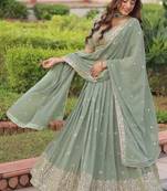 Elegant Misty Sea Green Faux Georgette Lehenga Choli with Zari & Sequins Work