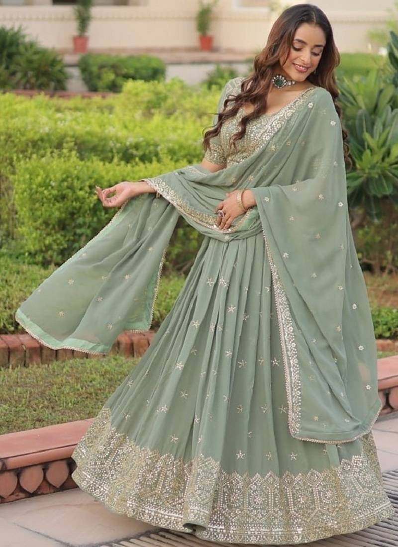Elegant Misty Sea Green Faux Georgette Lehenga Choli with Zari & Sequins Work