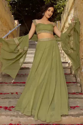 Olive Green Faux Georgette Lehenga Choli Set