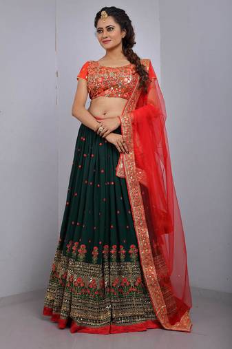 legant Bottle Green & Red Faux Georgette Lehenga Choli with Zari Work