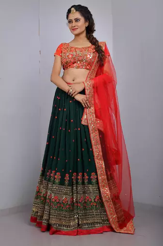 legant Bottle Green & Red Faux Georgette Lehenga Choli with Zari Work