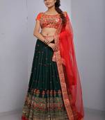 legant Bottle Green & Red Faux Georgette Lehenga Choli with Zari Work