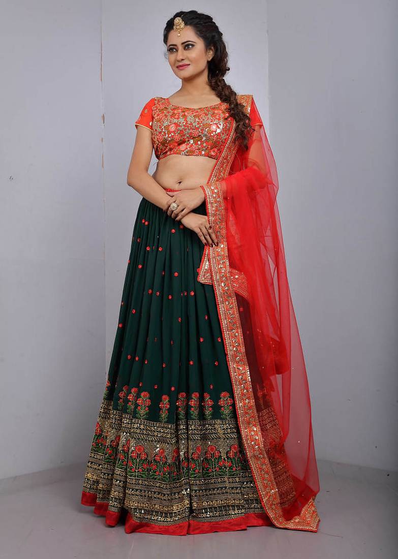 legant Bottle Green & Red Faux Georgette Lehenga Choli with Zari Work