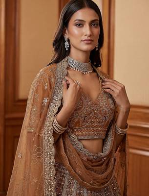 Sparkling Brown Multi Thread Work Net Reception Wear Lehenga Choli 6