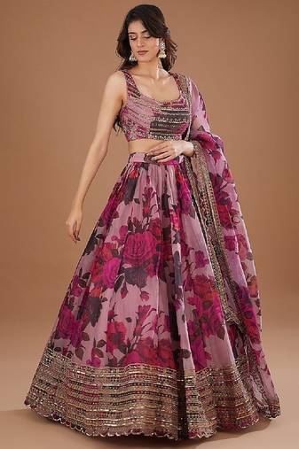 Pink Floral Organza Sequins Zari Embroidered Lehenga Choli with Dupatta