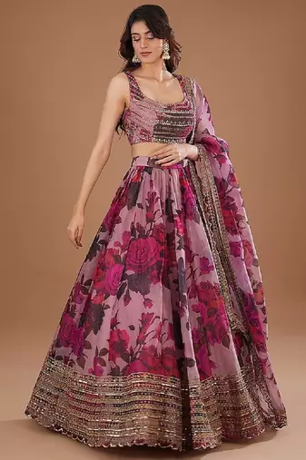 Pink Floral Organza Sequins Zari Embroidered Lehenga Choli with Dupatta