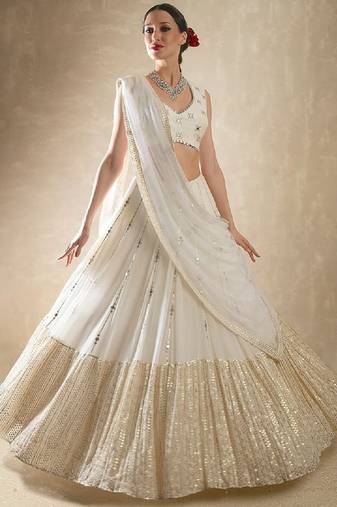 White Partywear Lehenga with Heavy Sequins Embroidery