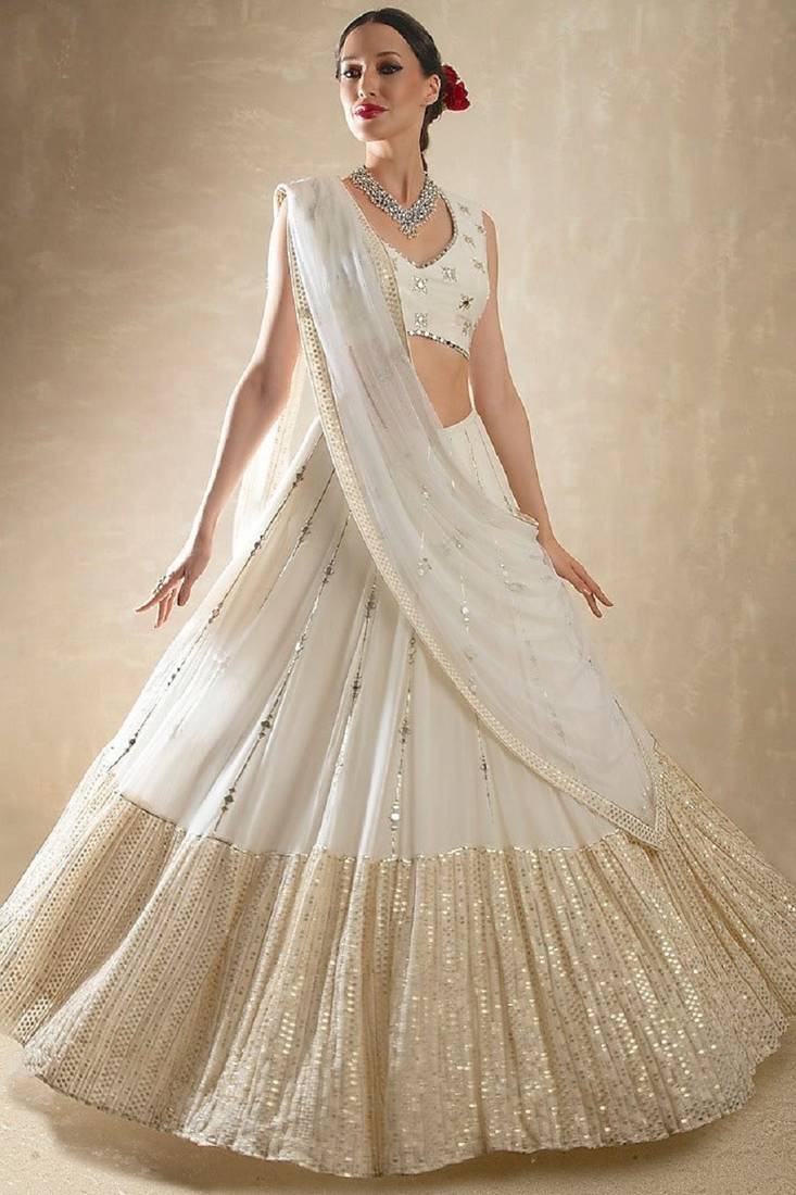 White Partywear Lehenga with Heavy Sequins Embroidery
