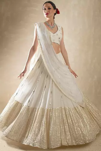 White Partywear Lehenga with Heavy Sequins Embroidery