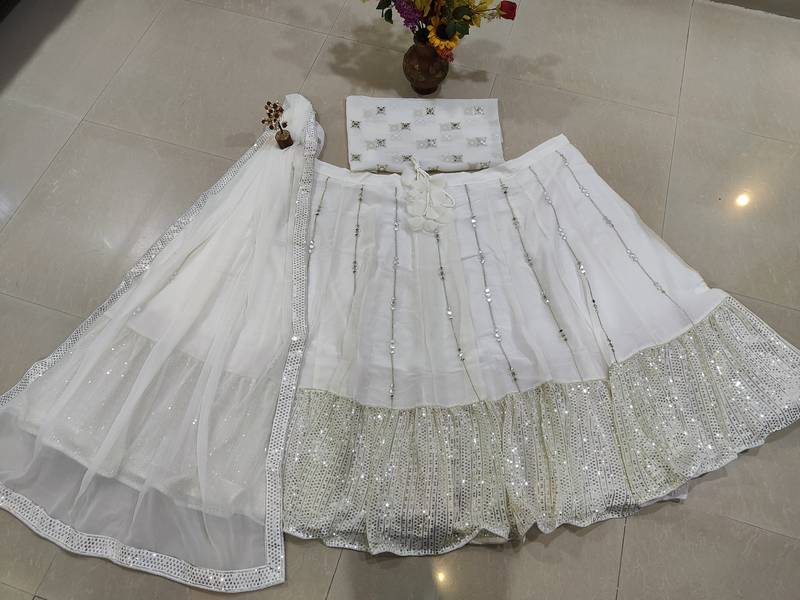 White Partywear Lehenga with Heavy Sequins Embroidery
