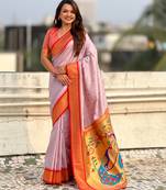 Lavender-lavender silk blend saree with orange zari border & peacock printed pallu | festive traditional wear saree