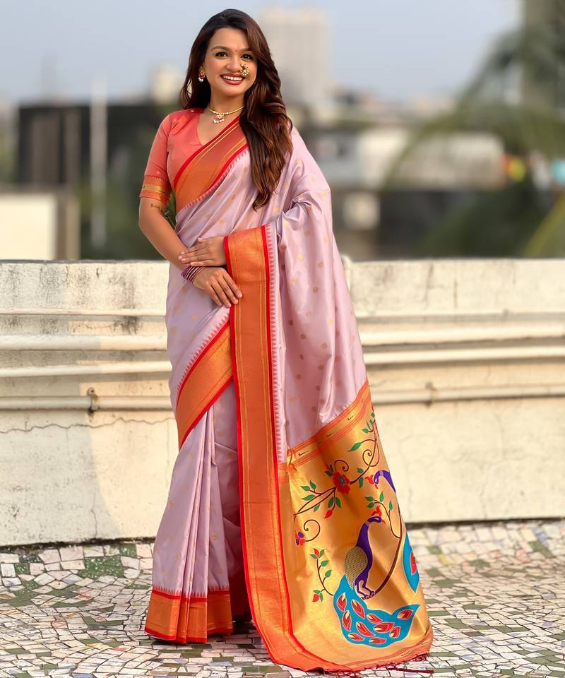 Lavender-lavender silk blend saree with orange zari border & peacock printed pallu | festive traditional wear saree