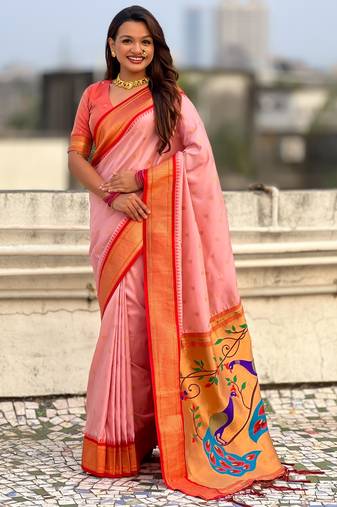 Peach-peach silk blend saree with orange zari border & peacock printed pallu | festive traditional wear saree