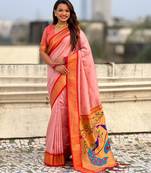 Peach-peach silk blend saree with orange zari border & peacock printed pallu | festive traditional wear saree