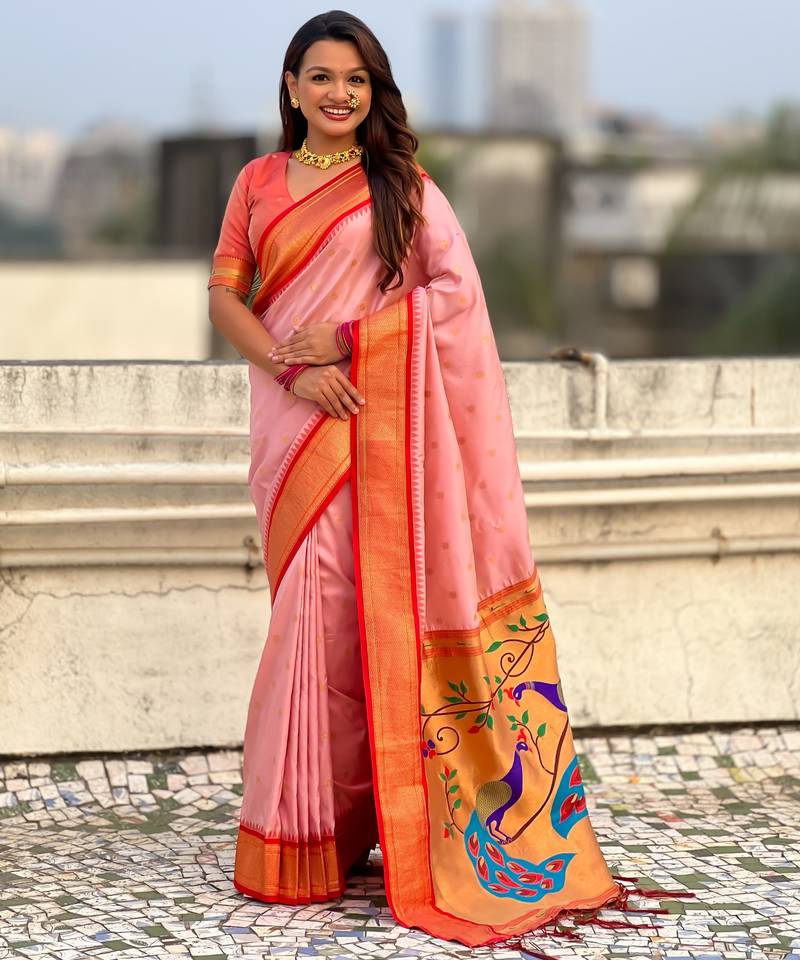 Peach-peach silk blend saree with orange zari border & peacock printed pallu | festive traditional wear saree