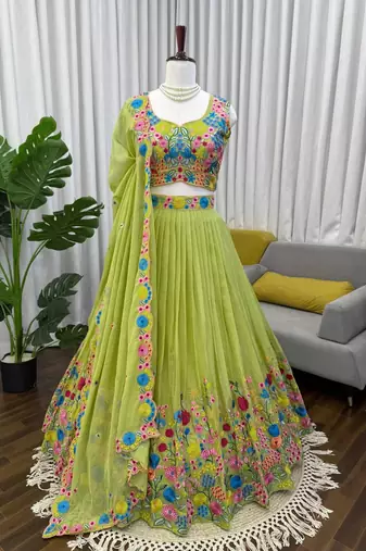 Parrot Green Color  thread with Sequnce Work Organza Silk Lahenga Choli Set