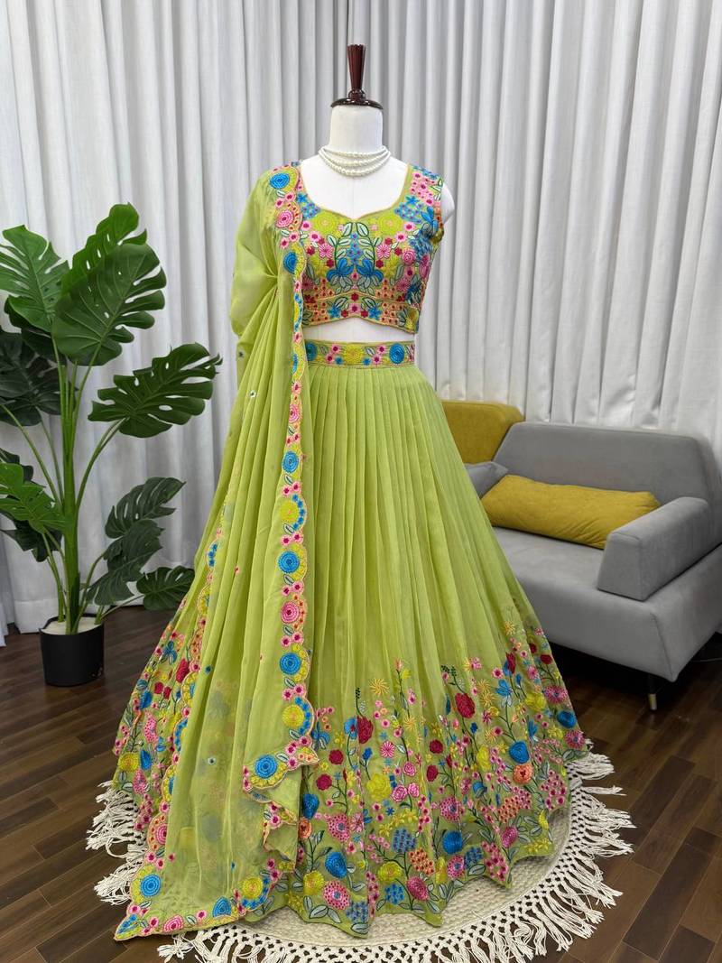 Parrot Green Color  thread with Sequnce Work Organza Silk Lahenga Choli Set