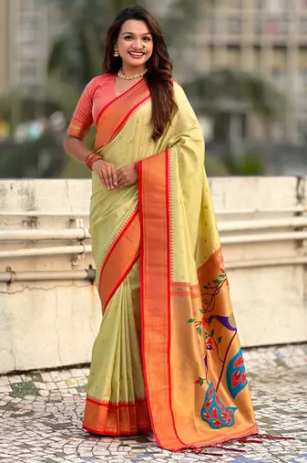 Light lime silk blend saree with orange zari border & peacock printed pallu | festive traditional wear saree