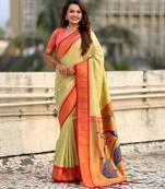 Light lime silk blend saree with orange zari border & peacock printed pallu | festive traditional wear saree