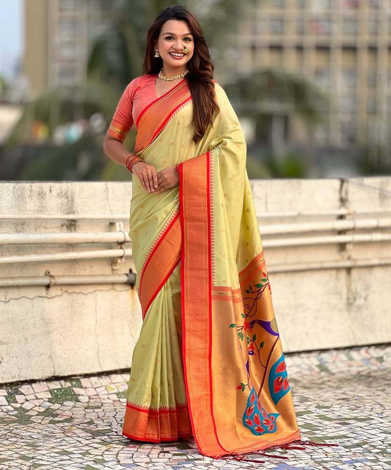 Light lime silk blend saree with orange zari border & peacock printed pallu | festive traditional wear saree