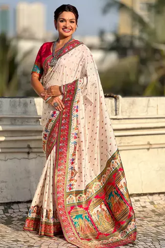 Off white silk blend saree with traditional multicolor woven border & rich pallu | festive & party wear saree