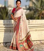 Off white silk blend saree with traditional multicolor woven border & rich pallu | festive & party wear saree