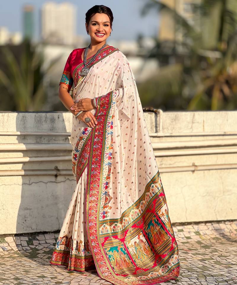 Off white silk blend saree with traditional multicolor woven border & rich pallu | festive & party wear saree