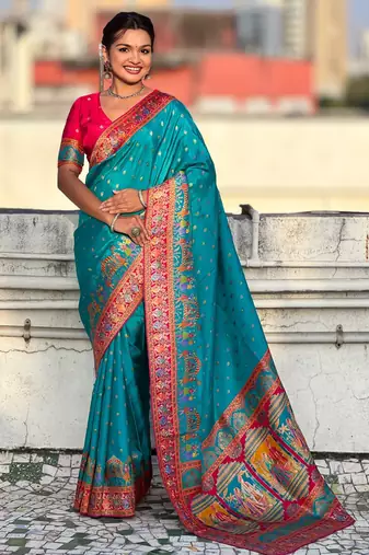 Teal silk blend saree with traditional multicolor woven border & rich pallu | festive & party wear saree