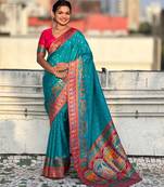 Teal silk blend saree with traditional multicolor woven border & rich pallu | festive & party wear saree