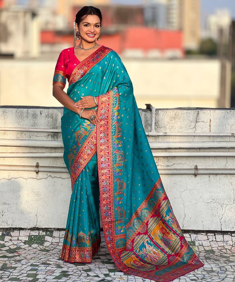 Teal silk blend saree with traditional multicolor woven border & rich pallu | festive & party wear saree