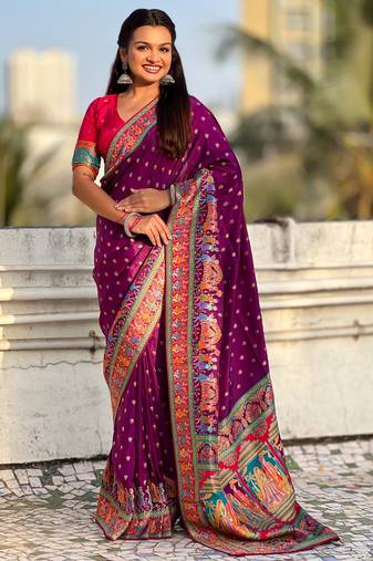 Wine silk blend saree with traditional multicolor woven border & rich pallu | festive & party wear saree