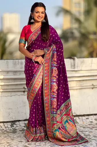 Wine silk blend saree with traditional multicolor woven border & rich pallu | festive & party wear saree