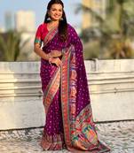 Wine silk blend saree with traditional multicolor woven border & rich pallu | festive & party wear saree
