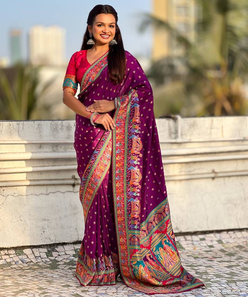 Wine silk blend saree with traditional multicolor woven border & rich pallu | festive & party wear saree