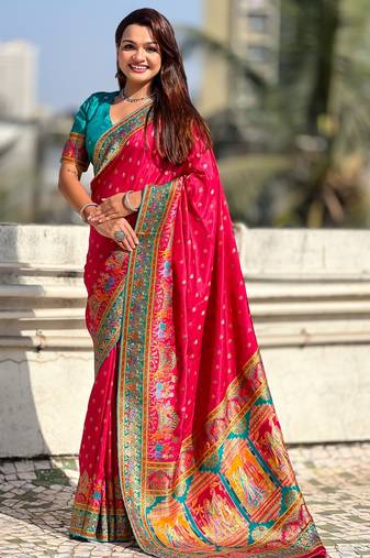 Pink silk blend saree with traditional multicolor woven border & rich pallu | festive & party wear saree
