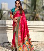 Pink silk blend saree with traditional multicolor woven border & rich pallu | festive & party wear saree