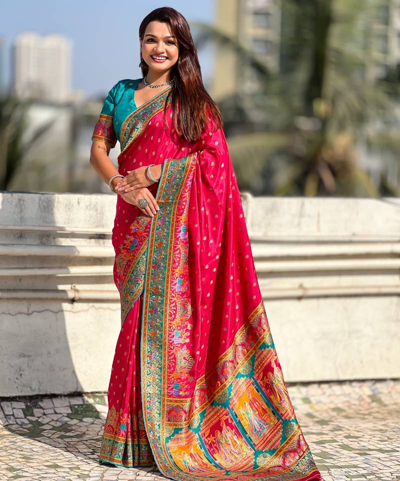 Pink silk blend saree with traditional multicolor woven border & rich pallu | festive & party wear saree