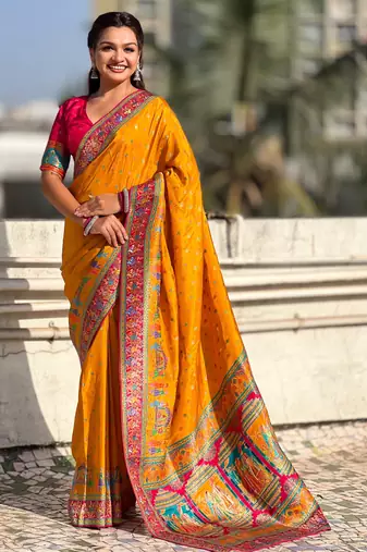 Mustard silk blend saree with traditional multicolor woven border & rich pallu | festive & party wear saree