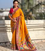 Mustard silk blend saree with traditional multicolor woven border & rich pallu | festive & party wear saree